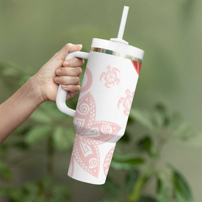 Coral Red Polynesian Tribal Turtle Floral Custom Stanley Quencher 40Oz Stainless Steel Tumbler With Handle - Image 3