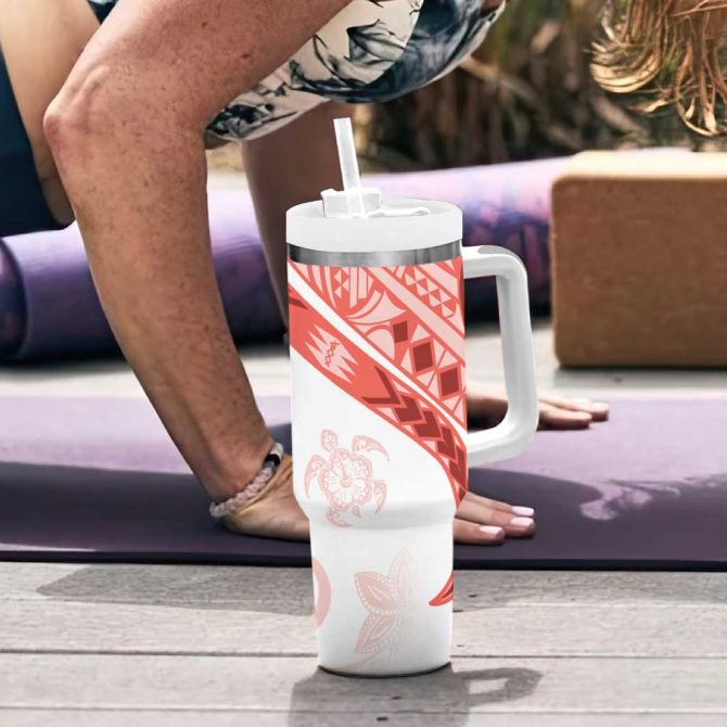 Coral Red Polynesian Tribal Turtle Floral Custom Stanley Quencher 40Oz Stainless Steel Tumbler With Handle - Image 6
