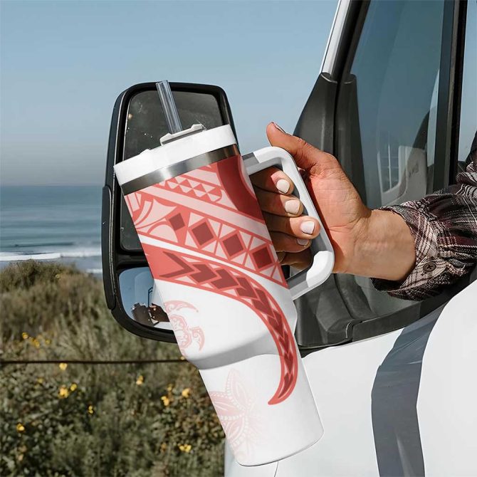 Coral Red Polynesian Tribal Turtle Floral Custom Stanley Quencher 40Oz Stainless Steel Tumbler With Handle - Image 7