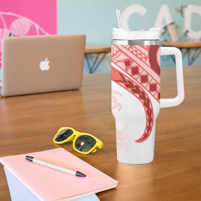Coral Red Polynesian Tribal Turtle Floral Custom Stanley Quencher 40Oz Stainless Steel Tumbler With Handle - Image 5