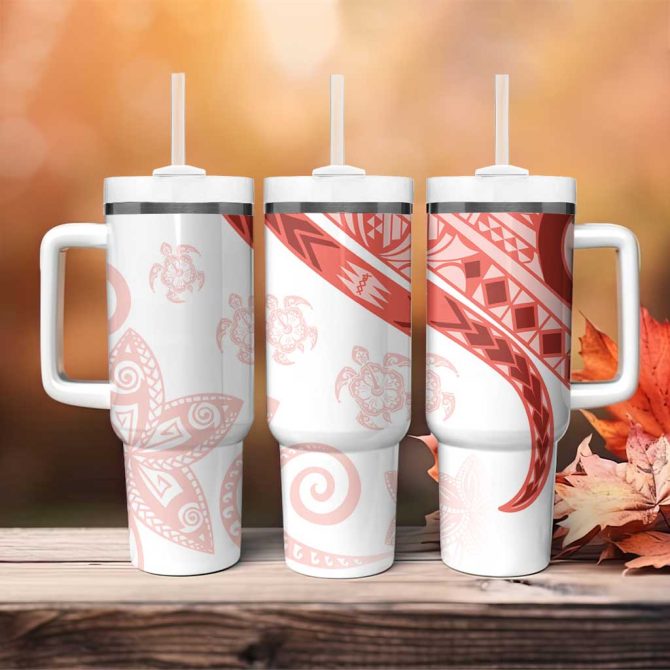 Coral Red Polynesian Tribal Turtle Floral Custom Stanley Quencher 40Oz Stainless Steel Tumbler With Handle - Image 4