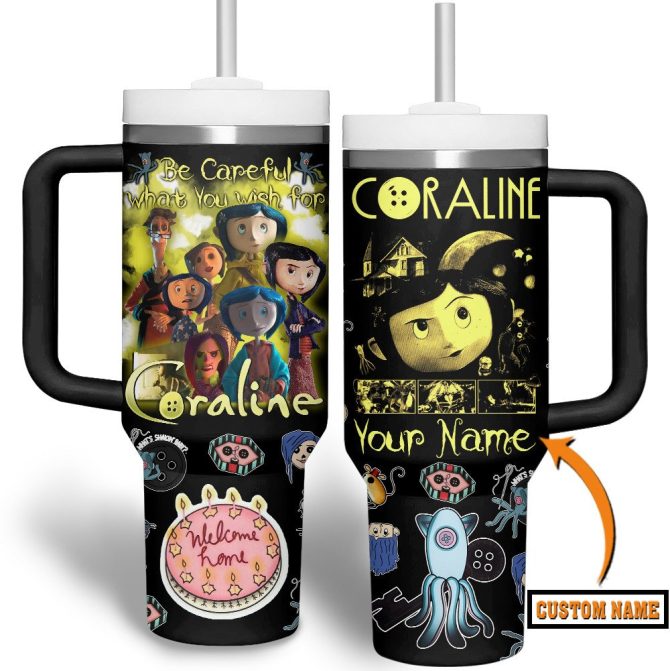 Coraline Cartoon Custom Stanley Quencher 40Oz Stainless Steel Tumbler With Handle