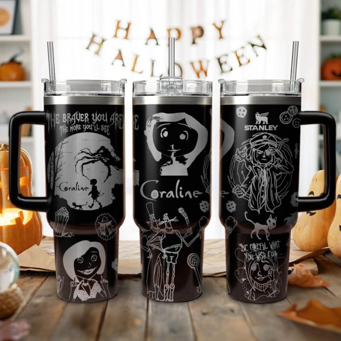 Coraline Cartoon Custom Stanley Quencher 40Oz Stainless Steel Tumbler With Handle