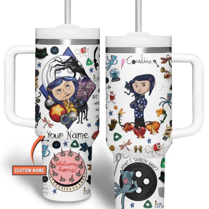 Coraline Cartoon Custom Stanley Quencher 40Oz Stainless Steel Tumbler With Handle