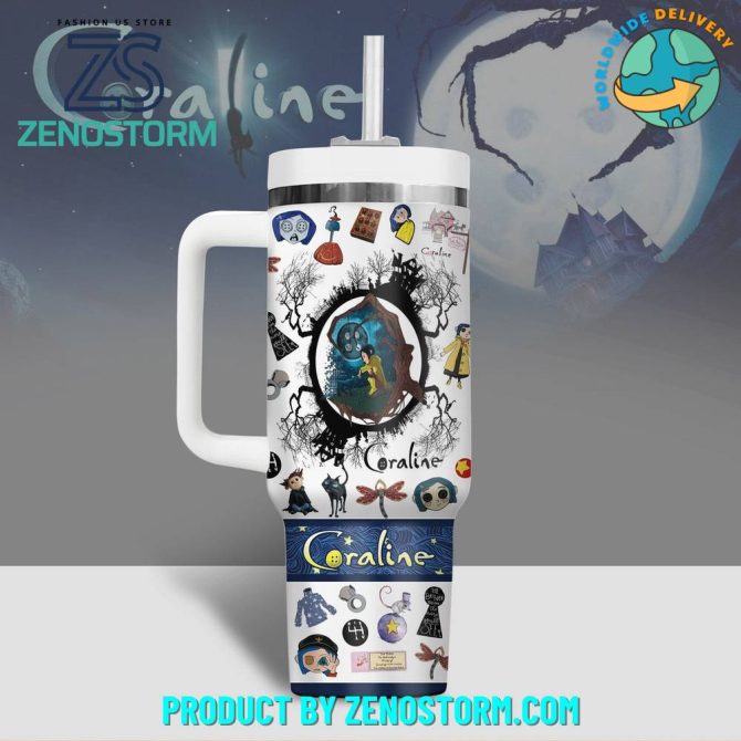Coraline Cartoon Custom Stanley Quencher 40Oz Stainless Steel Tumbler With Handle - Image 2
