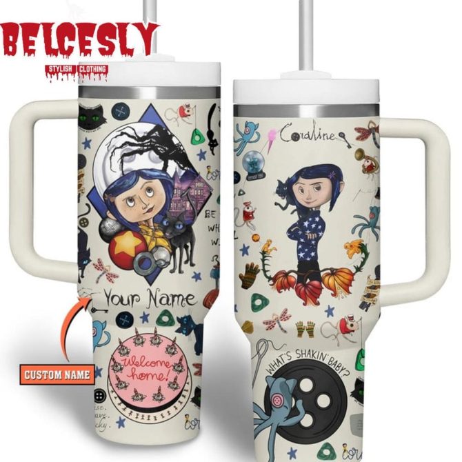 Coraline Cartoon Custom Stanley Quencher 40Oz Stainless Steel Tumbler With Handle