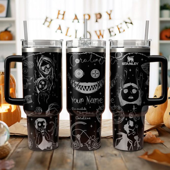 Coraline Cartoon Custom Stanley Quencher 40Oz Stainless Steel Tumbler With Handle