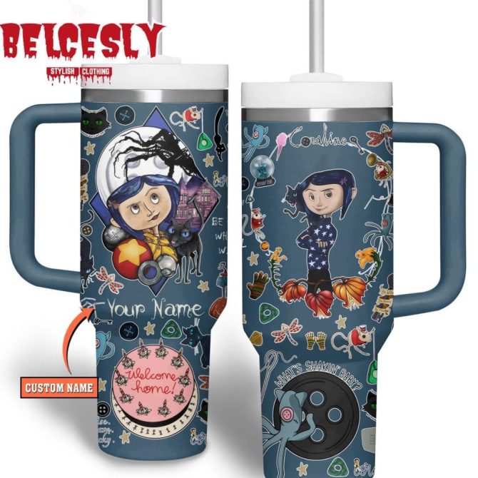 Coraline Cartoon Custom Stanley Quencher 40Oz Stainless Steel Tumbler With Handle
