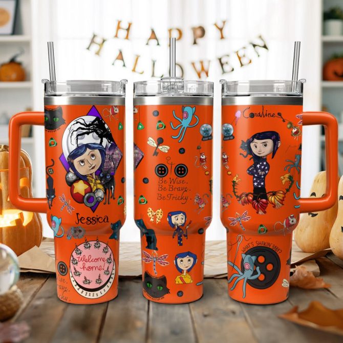 Coraline Cartoon Custom Stanley Quencher 40Oz Stainless Steel Tumbler With Handle