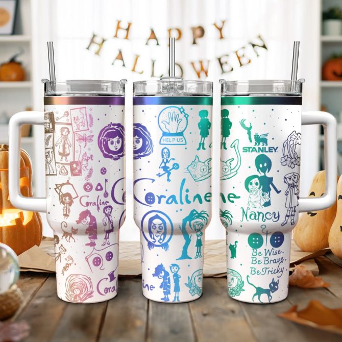 Coraline Cartoon Custom Stanley Quencher 40Oz Stainless Steel Tumbler With Handle