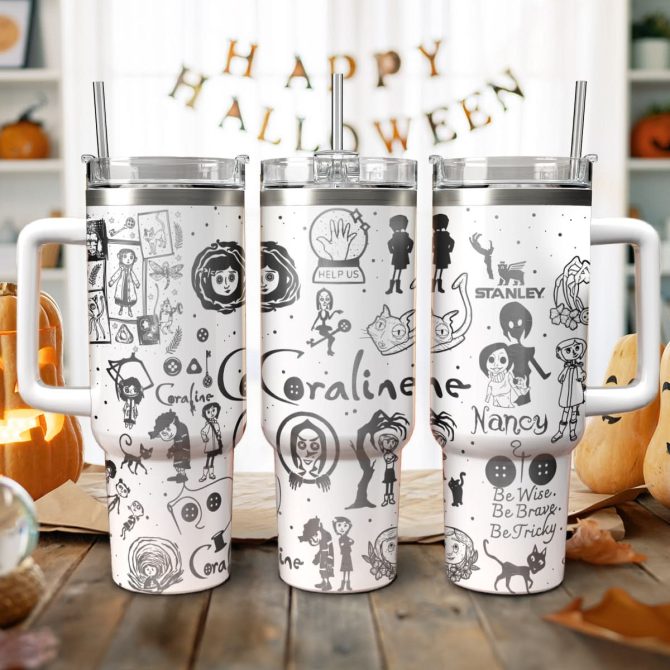 Coraline Cartoon Custom Stanley Quencher 40Oz Stainless Steel Tumbler With Handle