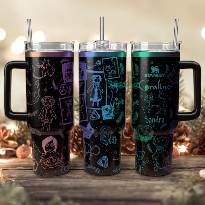 Coraline Cartoon Custom Stanley Quencher 40Oz Stainless Steel Tumbler With Handle