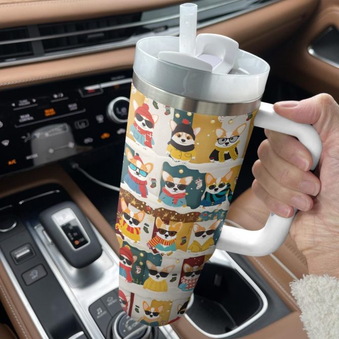 Corgi Winter Fashion Christmas Custom Stanley Quencher 40Oz Stainless Steel Tumbler With Handle - Image 3