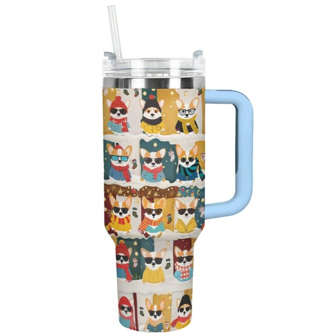 Corgi Winter Fashion Christmas Custom Stanley Quencher 40Oz Stainless Steel Tumbler With Handle