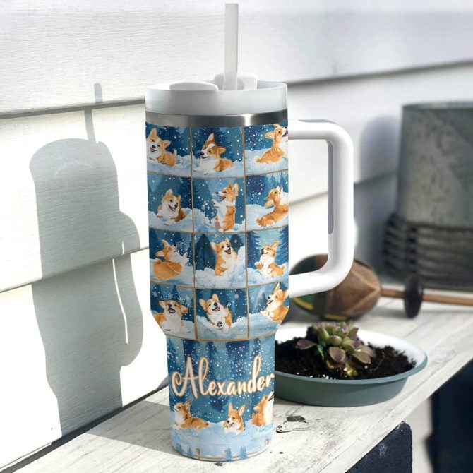 Corgi Winter Wonderland Christmas Custom Stanley Quencher 40Oz Stainless Steel Tumbler With Handle - Image 3
