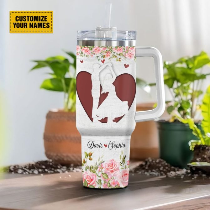 Couple Rose Flower Custom Stanley Quencher 40Oz Stainless Steel Tumbler With Handle - Image 3