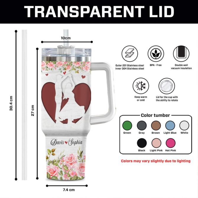 Couple Rose Flower Custom Stanley Quencher 40Oz Stainless Steel Tumbler With Handle - Image 9