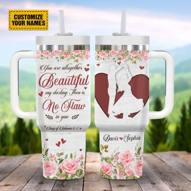 Couple Rose Flower Custom Stanley Quencher 40Oz Stainless Steel Tumbler With Handle