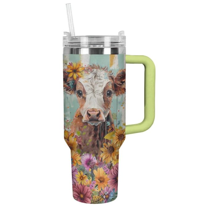 Cow Custom Stanley Quencher 40Oz Stainless Steel Tumbler With Handle