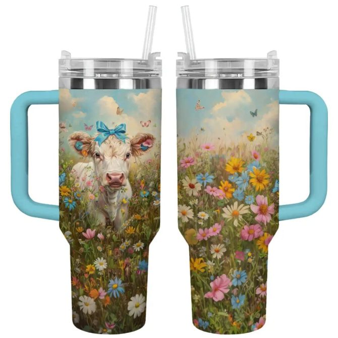Cow Custom Stanley Quencher 40Oz Stainless Steel Tumbler With Handle