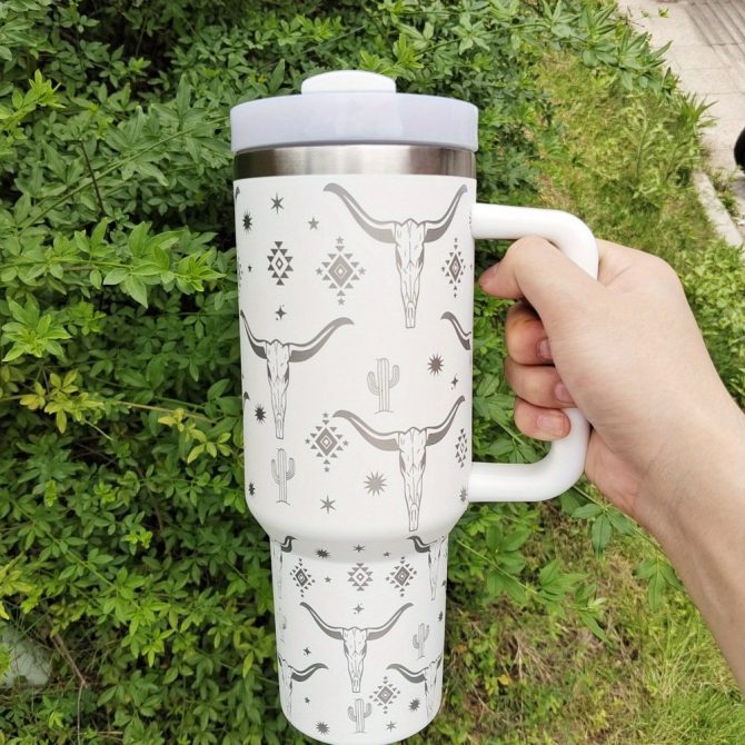 Cow Head Pattern Custom Stanley Quencher 40Oz Stainless Steel Tumbler With Handle