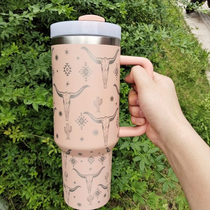 Cow Head Pattern Custom Stanley Quencher 40Oz Stainless Steel Tumbler With Handle