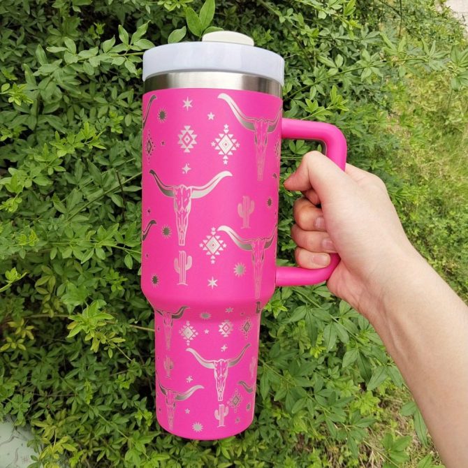 Cow Head Pattern Custom Stanley Quencher 40Oz Stainless Steel Tumbler With Handle