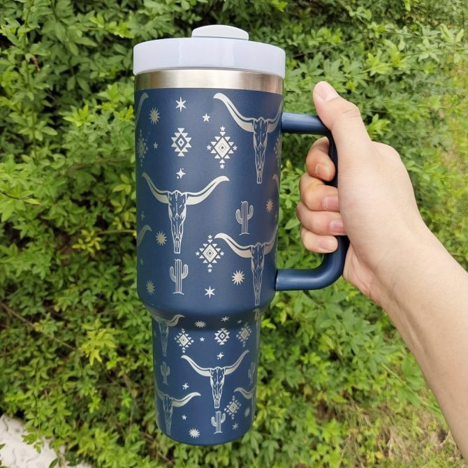 Cow Head Pattern Custom Stanley Quencher 40Oz Stainless Steel Tumbler With Handle