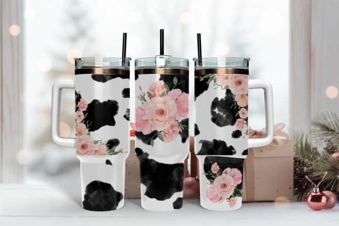 Cow With Flowers Custom Stanley Quencher 40Oz Stainless Steel Tumbler