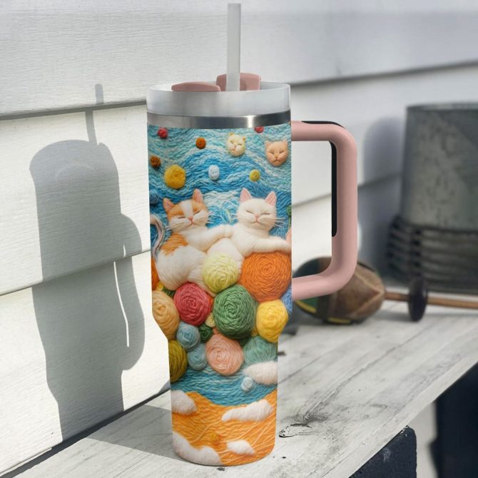 Cozy Cat Cushion Custom Stanley Quencher 40Oz Stainless Steel Tumbler With Handle - Image 3