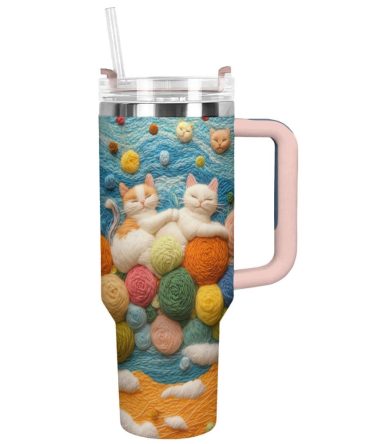 Cozy Cat Cushion Custom Stanley Quencher 40Oz Stainless Steel Tumbler With Handle