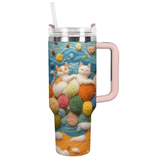 Cozy Cat Cushion Custom Stanley Quencher 40Oz Stainless Steel Tumbler With Handle