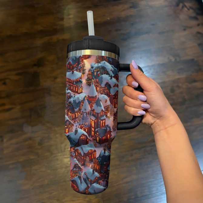 Cozy Christmas Village Night Custom Stanley Quencher 40Oz Stainless Steel Tumbler With Handle - Image 2