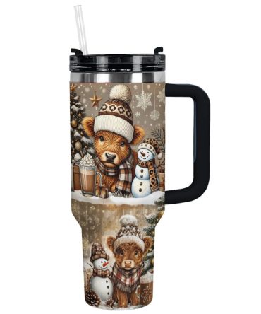 Cozy Cow Warm Winter Christmas Custom Stanley Quencher 40Oz Stainless Steel Tumbler With Handle