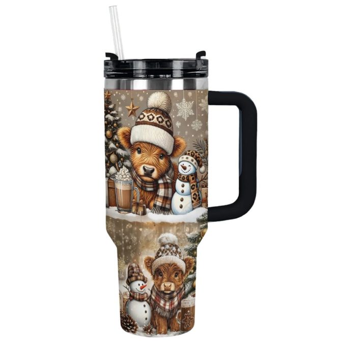Cozy Cow Warm Winter Christmas Custom Stanley Quencher 40Oz Stainless Steel Tumbler With Handle