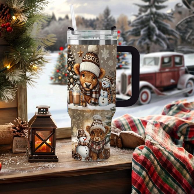 Cozy Cow Warm Winter Christmas Custom Stanley Quencher 40Oz Stainless Steel Tumbler With Handle - Image 3