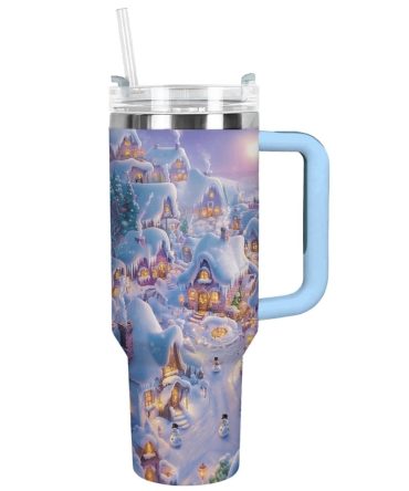 Cozy Winter Wonderland Christmas Custom Stanley Quencher 40Oz Stainless Steel Tumbler With Handle
