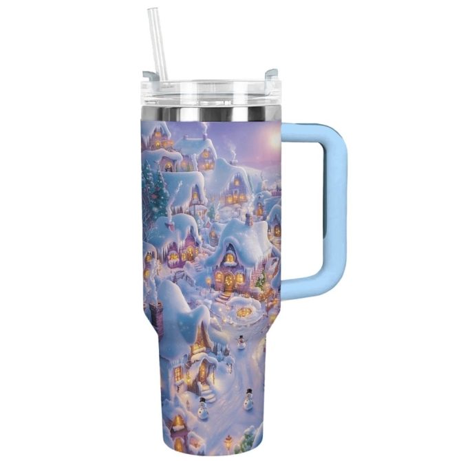 Cozy Winter Wonderland Christmas Custom Stanley Quencher 40Oz Stainless Steel Tumbler With Handle
