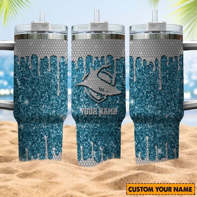 Cronulla-Sutherland Sharks Nrl Sports Glitter Custom Stanley Quencher 40Oz Stainless Steel Tumbler With Handle - Image 4