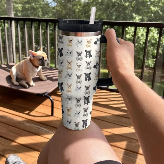 Cuddle Time Frenchie Bulldog Custom Stanley Quencher 40Oz Stainless Steel Tumbler With Handle - Image 3