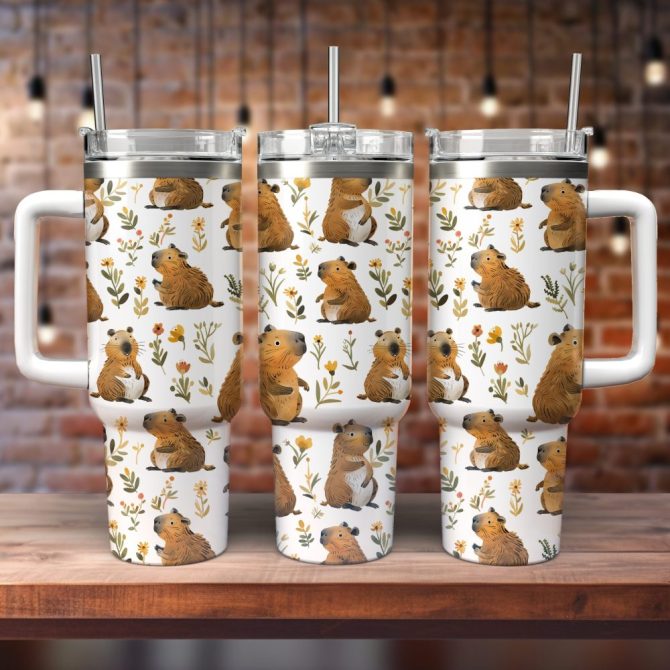 Cuddly Capybara Custom Stanley Quencher 40Oz Stainless Steel Tumbler With Handle