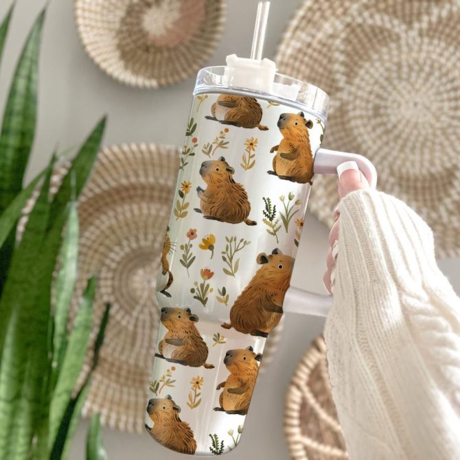Cuddly Capybara Custom Stanley Quencher 40Oz Stainless Steel Tumbler With Handle - Image 2