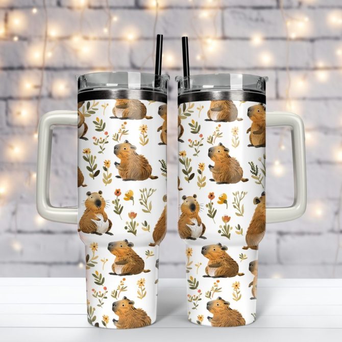 Cuddly Capybara Custom Stanley Quencher 40Oz Stainless Steel Tumbler With Handle - Image 3