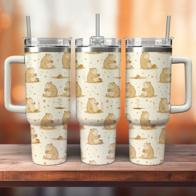 Cuddly Capybara Custom Stanley Quencher 40Oz Stainless Steel Tumbler With Handle