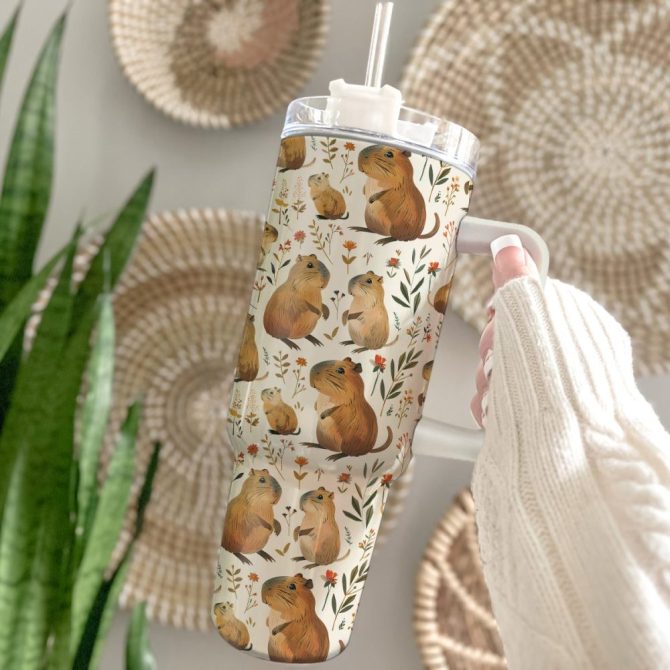 Cuddly Capybara Custom Stanley Quencher 40Oz Stainless Steel Tumbler With Handle - Image 3