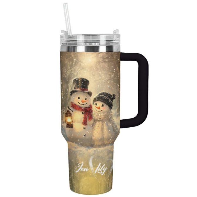 Customized Snowy Cuddle Christmas Custom Stanley Quencher 40Oz Stainless Steel Tumbler With Handle