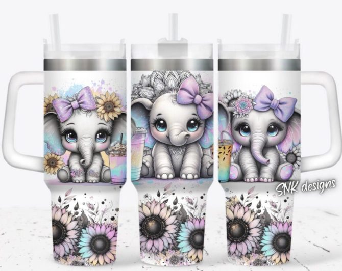 Cute Baby Elephant Custom Stanley Quencher 40Oz Stainless Steel Tumbler With Handle