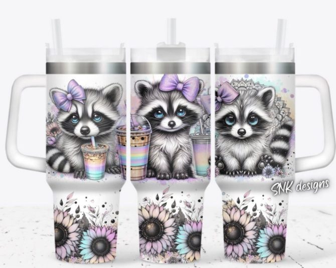 Cute Baby Raccoon Custom Stanley Quencher 40Oz Stainless Steel Tumbler With Handle