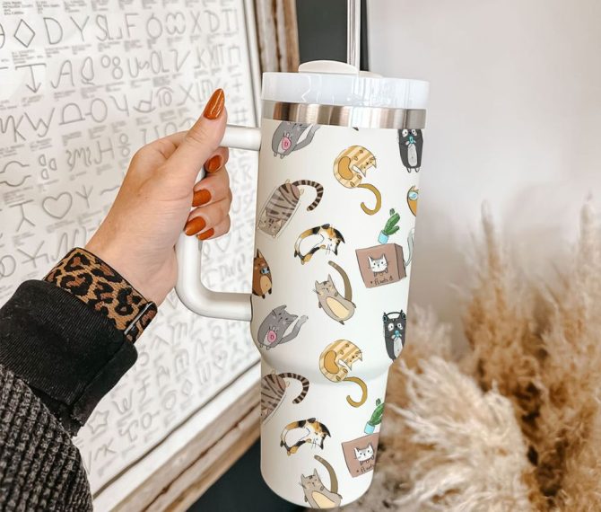 Cute Cat Custom Stanley Quencher 40Oz Stainless Steel Tumbler