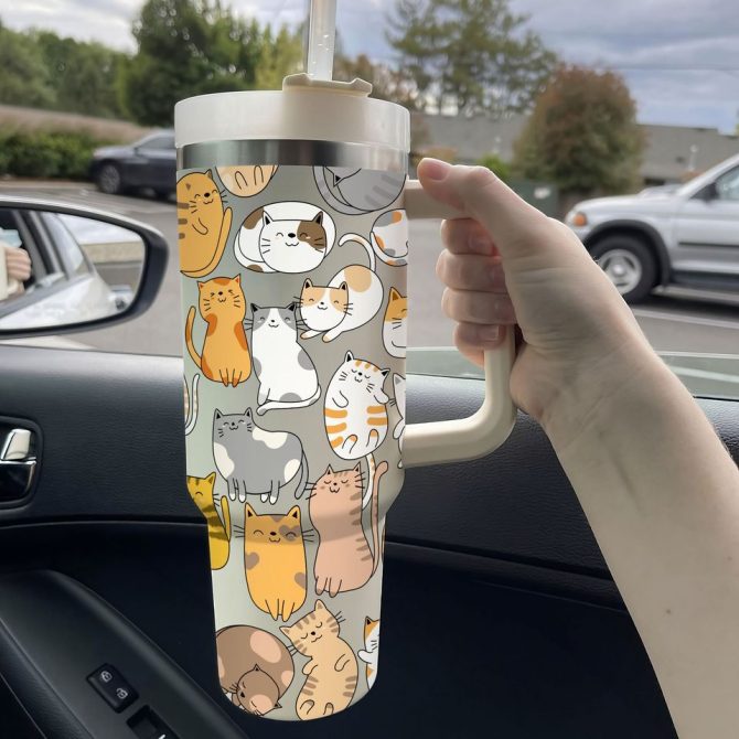 Cute Cat Custom Stanley Quencher 40Oz Stainless Steel Tumbler
